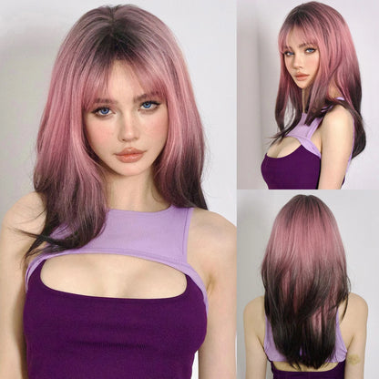 Perruques synthétiques longues et lisses noires et violettes ombrées pour femmes
