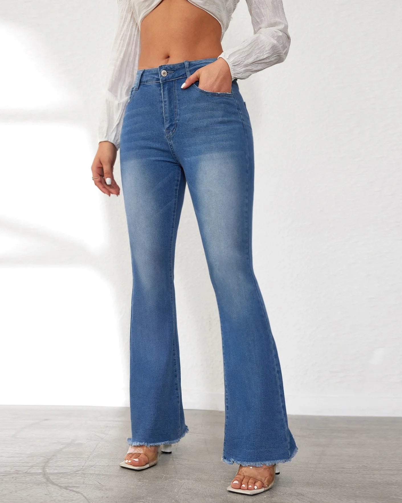 Women Flare Jeans Denim Pants Ankle Length Pockets Y2k Streetwear Mom Jeans High Waist Washed Bleached Vintage Streetwear Skinny