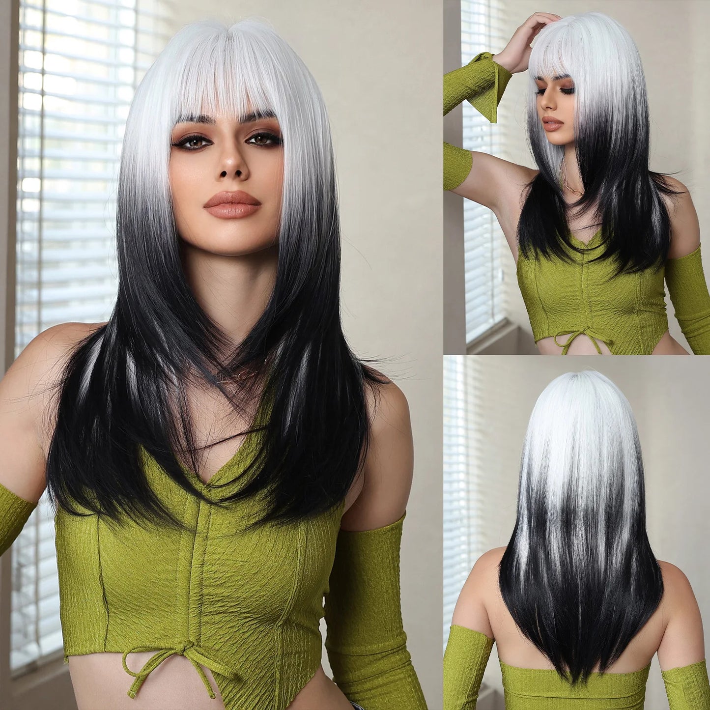 Perruques synthétiques longues et lisses noires et violettes ombrées pour femmes