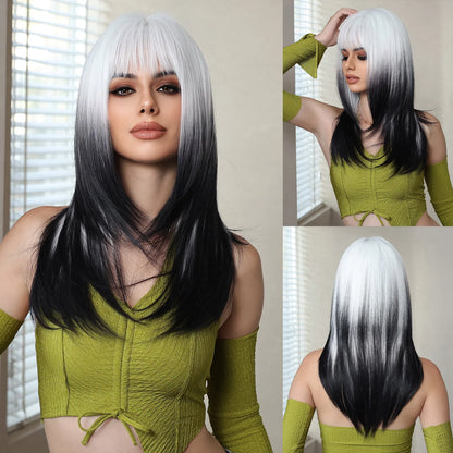 Perruques synthétiques longues et lisses noires et violettes ombrées pour femmes