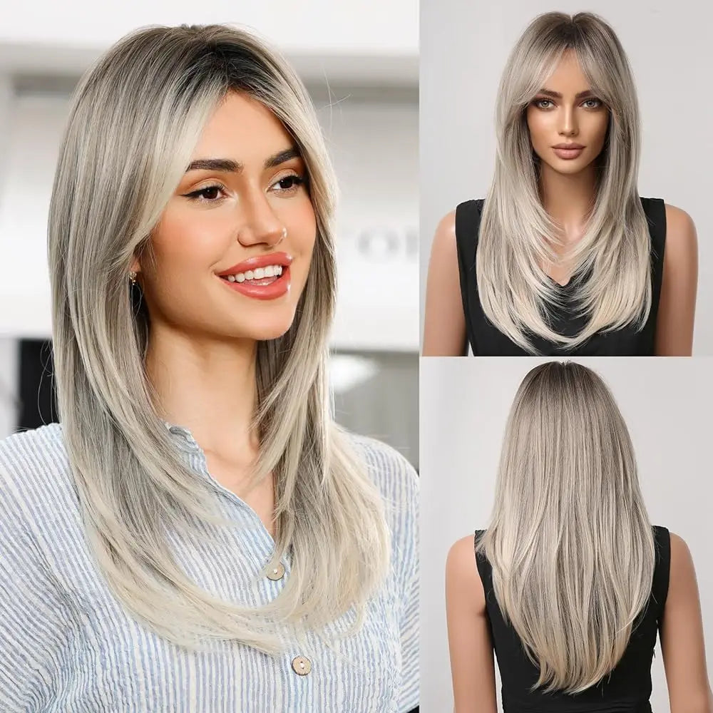 Perruques synthétiques longues et lisses noires et violettes ombrées pour femmes