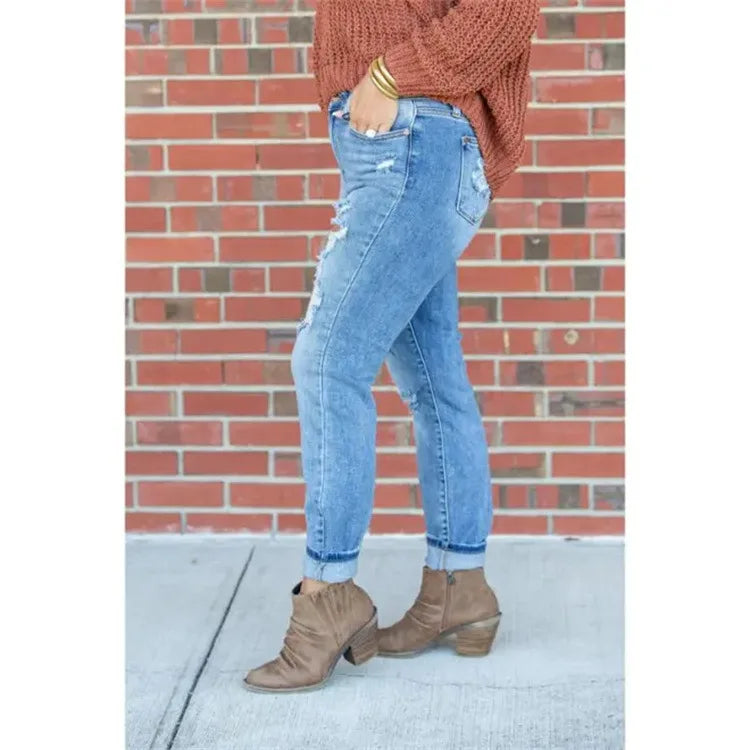 Jeans Femme Pantalon Long Denim Trou Crayon