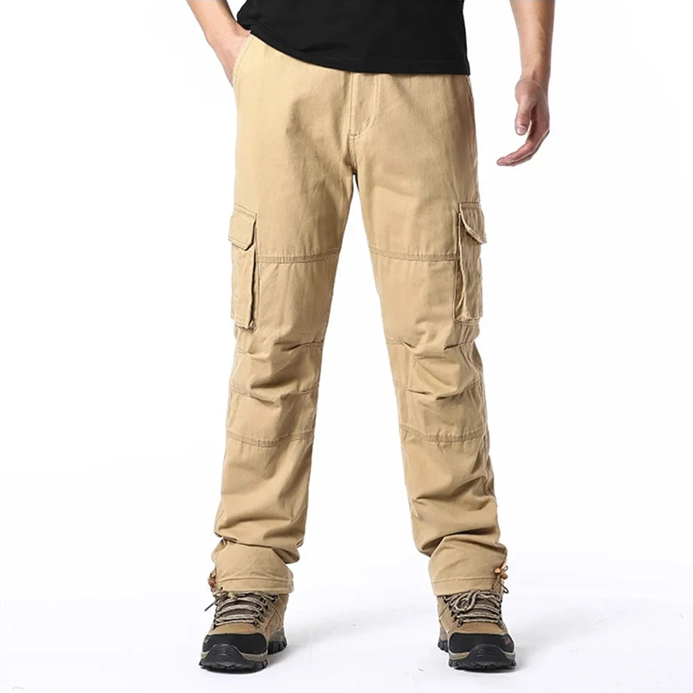2025 100% Cotton Cargo Pants Men Solid Color Large Pocket Loose Overalls Elastic Waist Casual Trousers Military Tacticl Pants