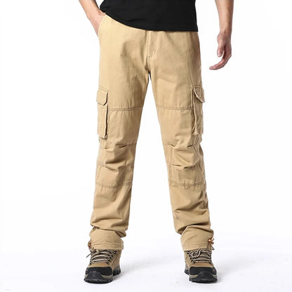 2025 100% Cotton Cargo Pants Men Solid Color Large Pocket Loose Overalls Elastic Waist Casual Trousers Military Tacticl Pants