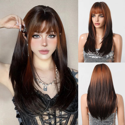 Perruques synthétiques longues et lisses noires et violettes ombrées pour femmes