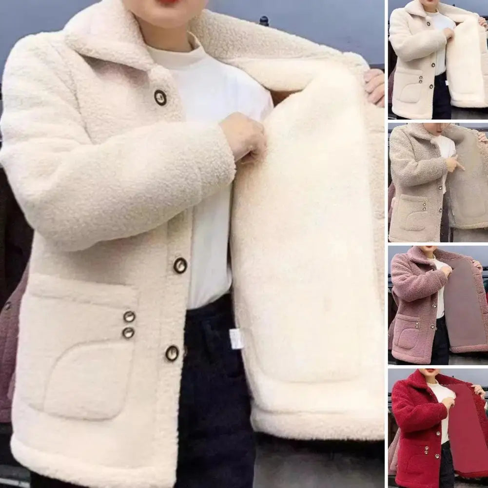 Manteau d'hiver en polaire à simple boutonnage avec poches latérales