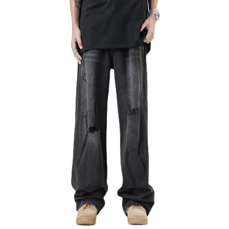 TFETTERS 2025 Summer New Ripped Jeans Men Vintage Mid Rise Straight Leg Designer Jeans Fashion Hip Hop Streetwear Men Clothing