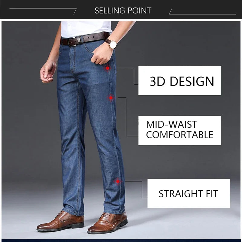 BROWON Brand 2025 Men Jeans Summer Thin Breathable Soft Mid Straight Regular Men's Jeans Trousers Vintage Mens Clothing