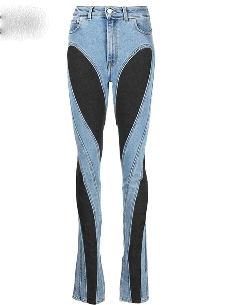 Fashion Designer Color Block Women's Jeans Slim Deconstruct Panelled Patchwork High Waist Split Blue Long Denim Pants Autumn