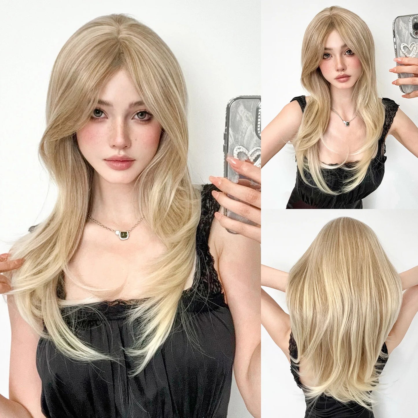 Perruques synthétiques longues et lisses noires et violettes ombrées pour femmes