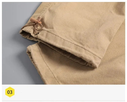2025 100% Cotton Cargo Pants Men Solid Color Large Pocket Loose Overalls Elastic Waist Casual Trousers Military Tacticl Pants