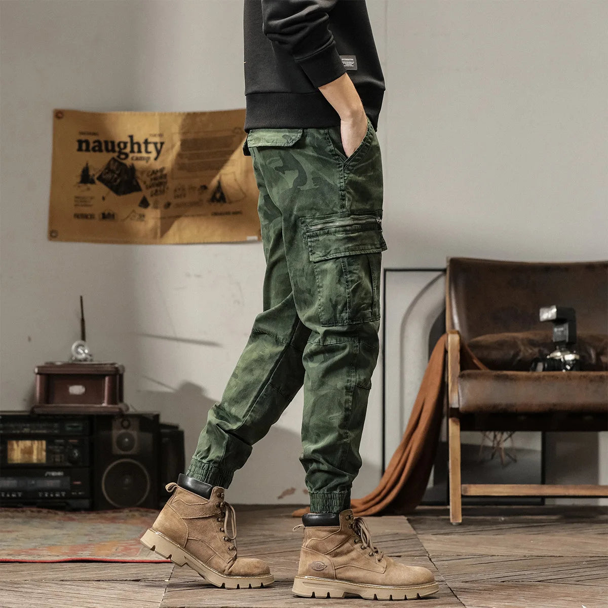 Side Pockets Zipper Mens Jogger Camouflage Multi Pocket Work Cargo Pants Black Green  Jogginghosen Denim Trousers Male Safari