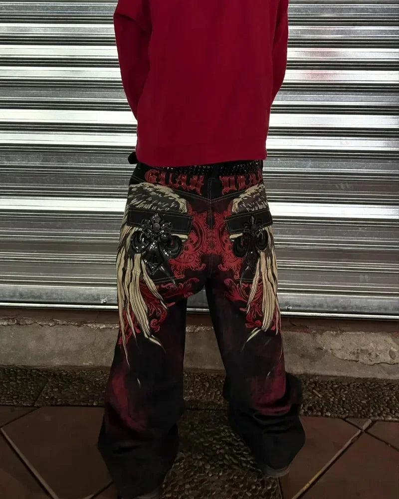 2000s Street Fashion Pants New Oversized Letter Embroidered Loose Jeans Men Harajuku Retro Goth High Waist Casual Wide Leg Pants