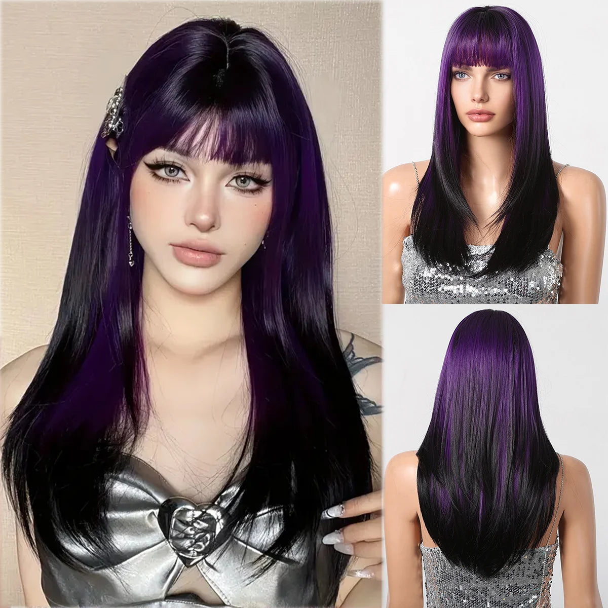 Perruques synthétiques longues et lisses noires et violettes ombrées pour femmes