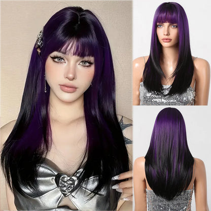 Perruques synthétiques longues et lisses noires et violettes ombrées pour femmes