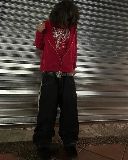 2000s Street Fashion Pants New Oversized Letter Embroidered Loose Jeans Men Harajuku Retro Goth High Waist Casual Wide Leg Pants