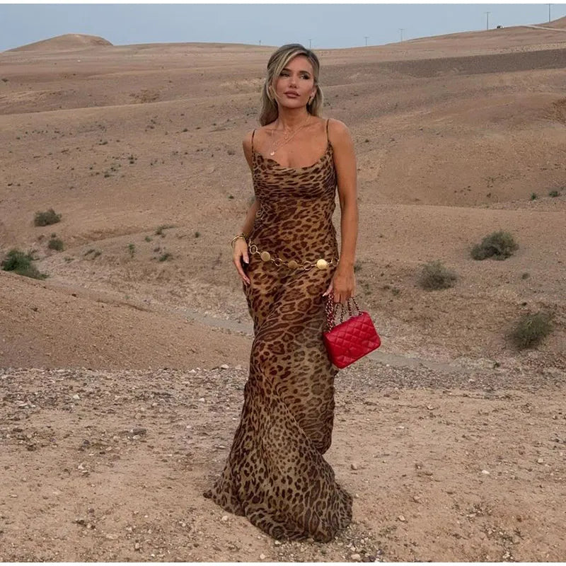 Robe sexy à imprimé léopard, sans manches, dos nu, coupe ajustée, style queue de poisson