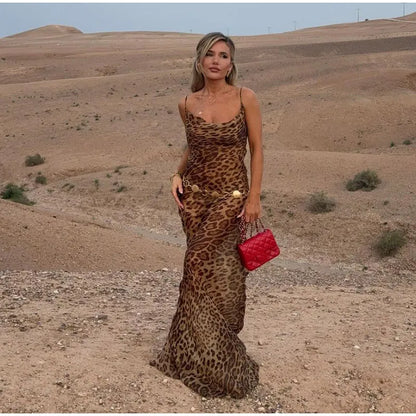 Robe sexy à imprimé léopard, sans manches, dos nu, coupe ajustée, style queue de poisson