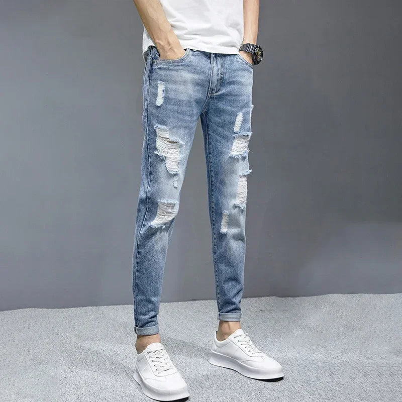 TFETTERS 2025 Spring Summer Men Ripped Jeans Cropped Mid Rise Stretch Hip Hop Punk Pencil Pants Streetwear Party Men Clothing