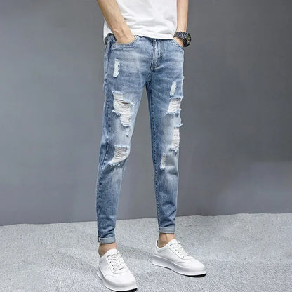 TFETTERS 2025 Spring Summer Men Ripped Jeans Cropped Mid Rise Stretch Hip Hop Punk Pencil Pants Streetwear Party Men Clothing