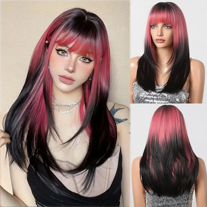 Perruques synthétiques longues et lisses noires et violettes ombrées pour femmes
