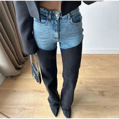 Mode Y2k Patchwork Jeans für Frauen Reißverschlüsse Knopftasche Highwaist Straight Denim Hosen 2025 Frühling Sommer Street Hose