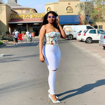 Jean déchiré taille haute blanc pour femme