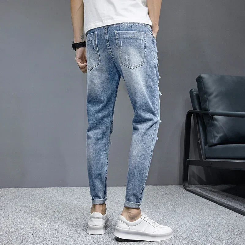 TFETTERS 2025 Spring Summer Men Ripped Jeans Cropped Mid Rise Stretch Hip Hop Punk Pencil Pants Streetwear Party Men Clothing