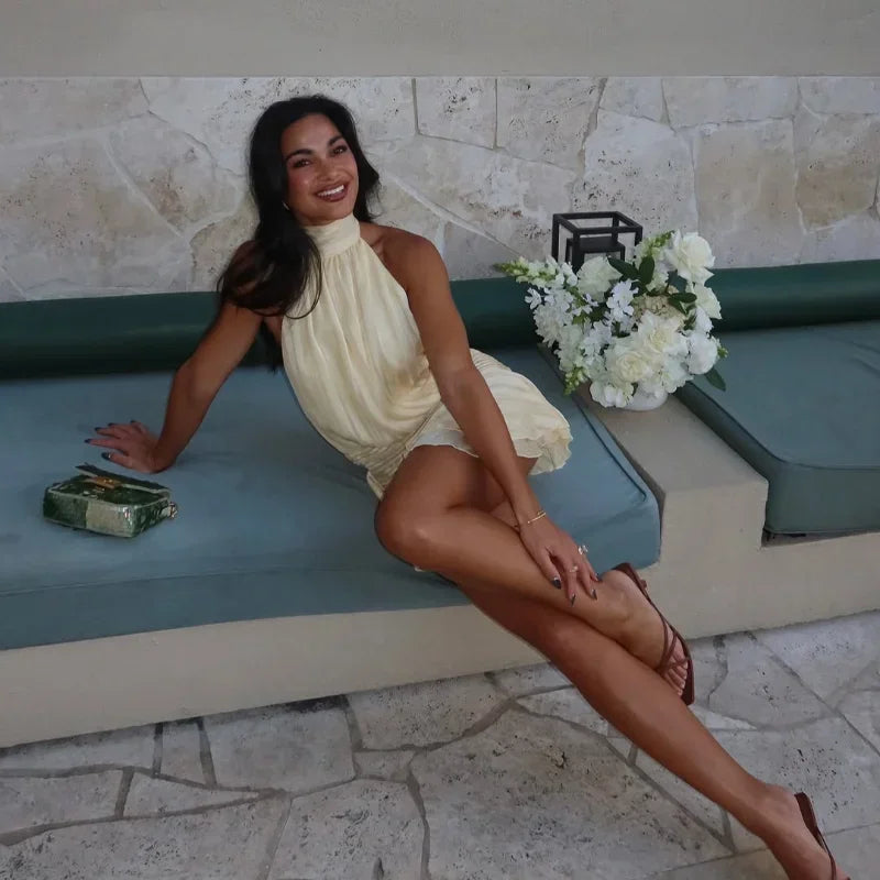 Robe courte sexy dos nu pour femme, couleur unie, sans manches, plissée, en mousseline de soie